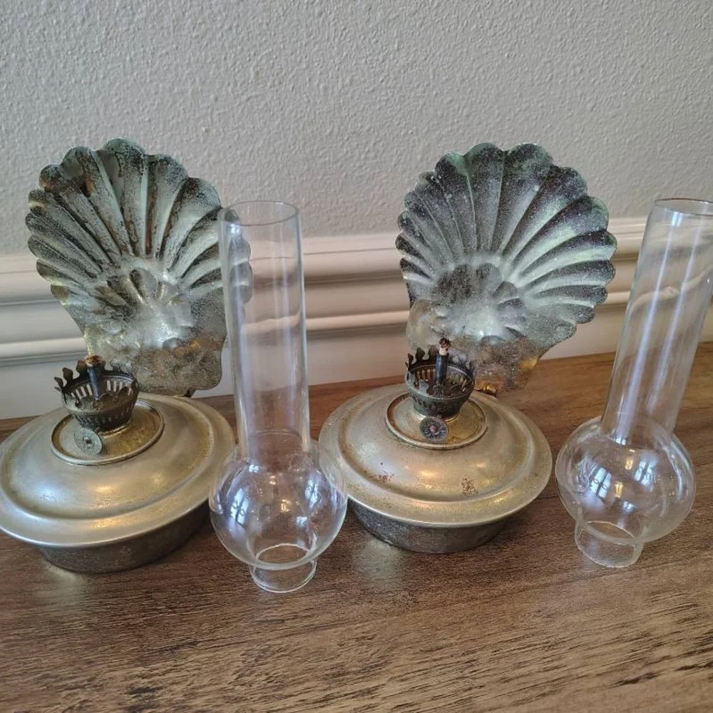 Vtg MCM Metal Oil Hanging Lanterns Nautical Patina Decor Pair Of 2 Wall Decor